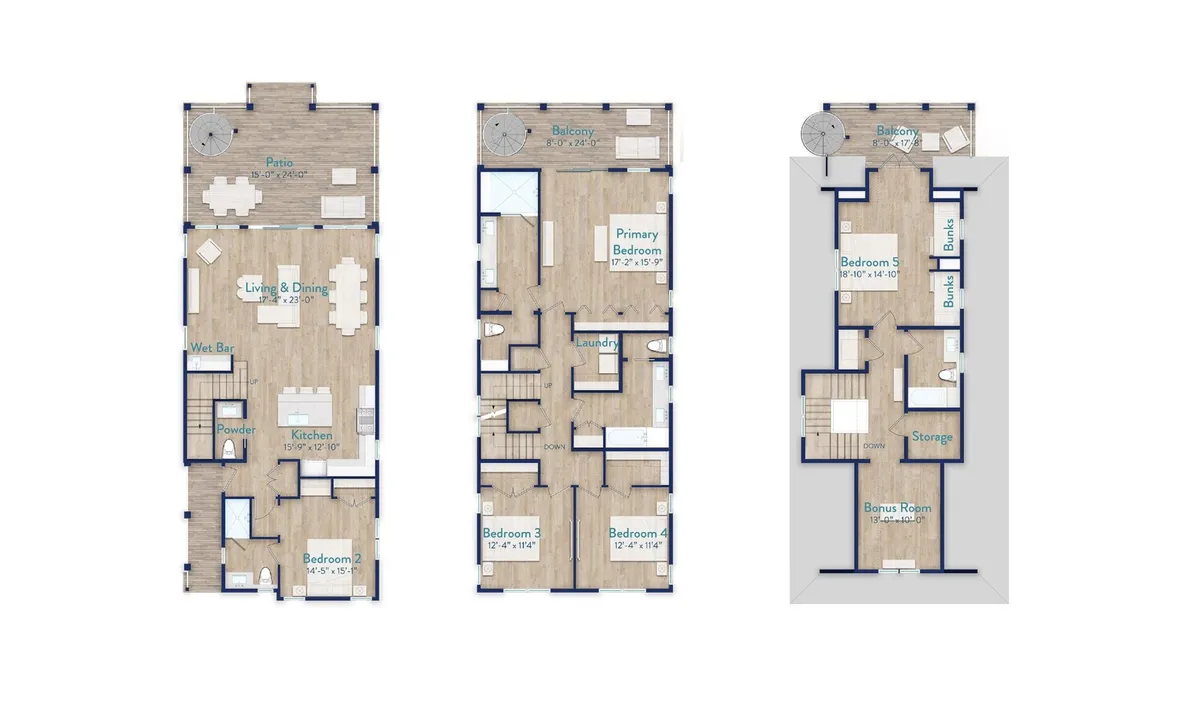 This image provides a comprehensive interior view, highlighting a spacious living and dining area with a wet bar, a private patio, a primary bedroom with a Gulf view balcony, and a third-floor bonus room with bunk beds. The scene conveys a comfortable, inviting, and relaxed vacation vibe, suggesting both family togetherness and private comfort. Laundry and self-care routines are noted as activities, connecting directly to the in-home laundry amenity.